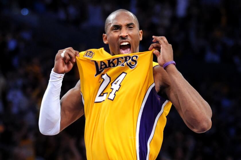 LOS ANGELES, CALIFORNIA APRIL 24 2008-Lakers Kobe Bryant celebrating during the playoffs in 2008 at the Staples Center. (Wally Skalij/Los Angeles Times)