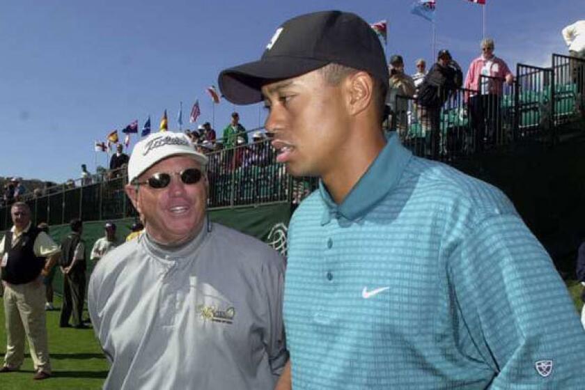 Butch Harmon with Tiger Woods in 2002. Harmon was Woods' coach from 1993 to 2004.