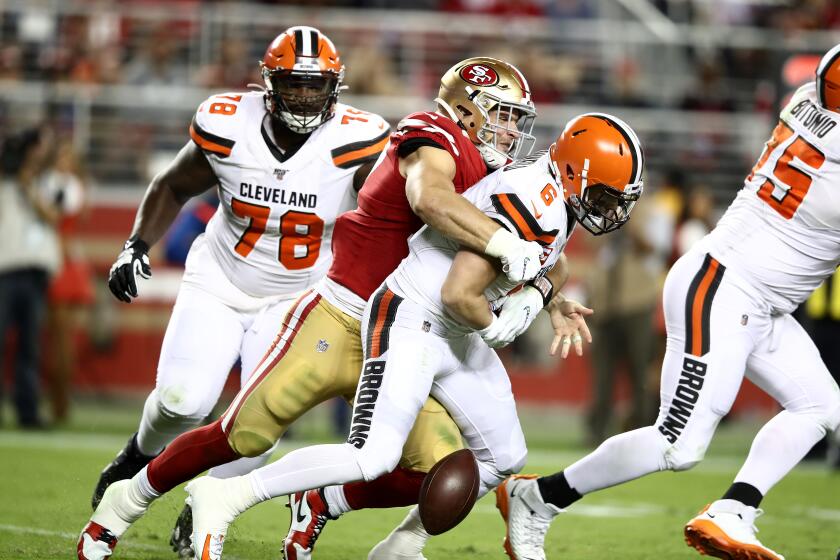 SANTA CLARA, CALIFORNIA - OCTOBER 07: Nick Bosa #97 of the San Francisco 49ers sacks Baker Mayfield #6 of the Cleveland Browns and forces a fumble at Levi's Stadium on October 07, 2019 in Santa Clara, California. (Photo by Ezra Shaw/Getty Images)