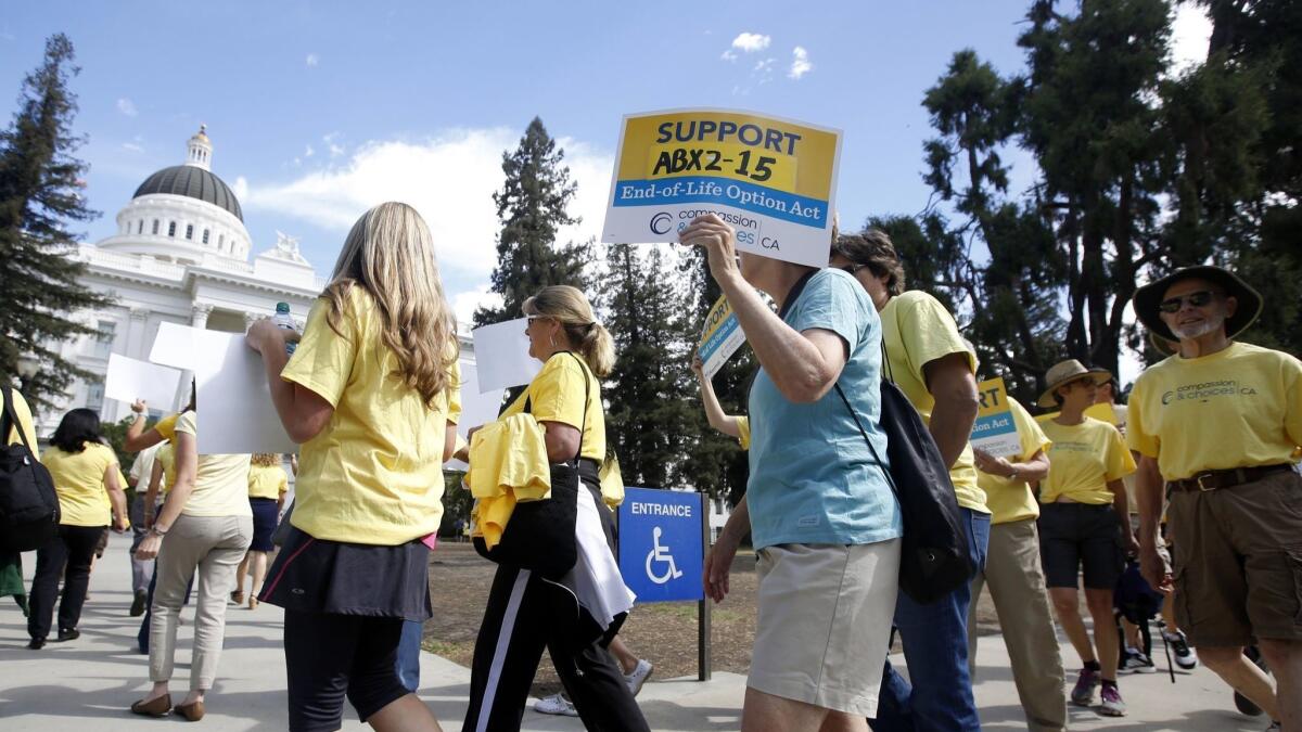 Supporters attend the End-of-Life Option Act rally in Sacramento on Sept. 24, 2015.