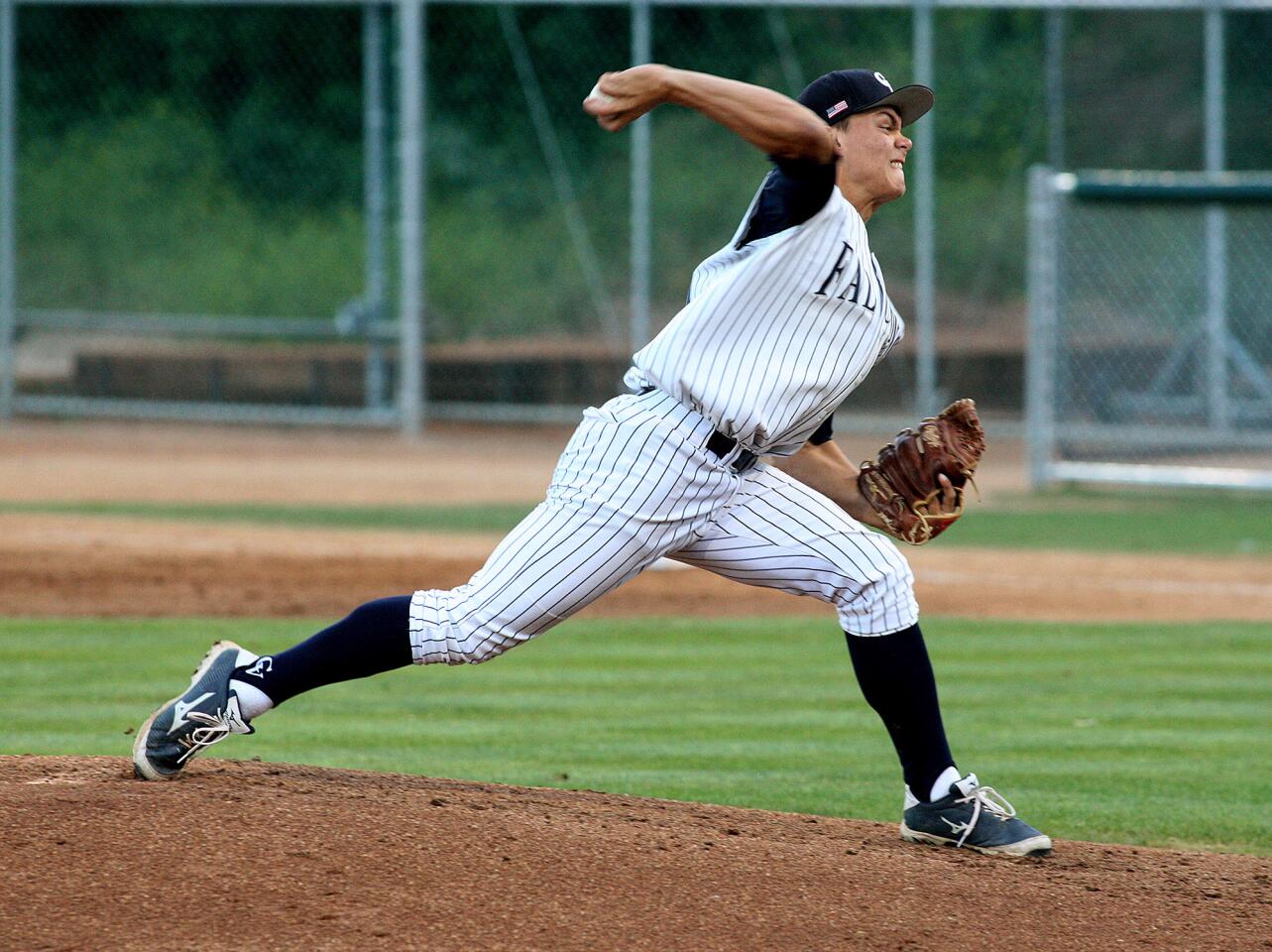 Crescenta Valley's Jimmy Smiley pitches early in the game against Glendale in a Pacific League baseball game at Stengel Field in Glendale on Friday, May 2, 2014.