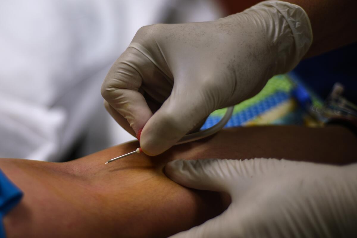 A nurse inserts a needle into a plasma donor’s arm in Manila. 