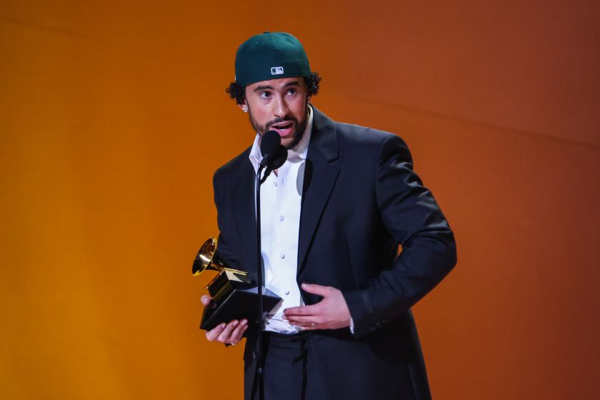LOS ANGELES, CALIFORNIA - FEBRUARY 5: 65th GRAMMY AWARDS - Bad Bunny accepts the award for musica urbana album at the 65th Grammy Awards, held at the Crytpo.com Arena on February 5, 2023. -- (Photo by Robert Gauthier / Los Angeles Times)