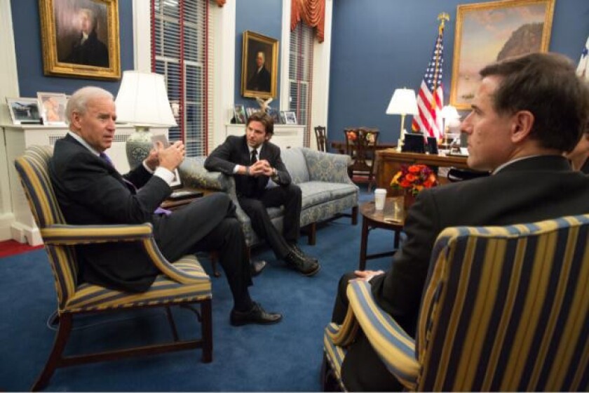 Vice President Joe Biden meets with director David O. Russell and actor Bradley Cooper Feb. 7, 2013.