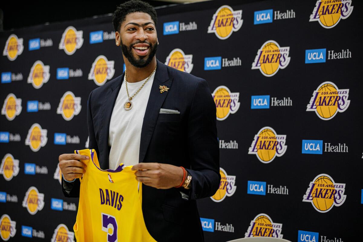 The Lakers introduce Anthony Davis at the UCLA Health Training Center in El Segundo on Saturday.