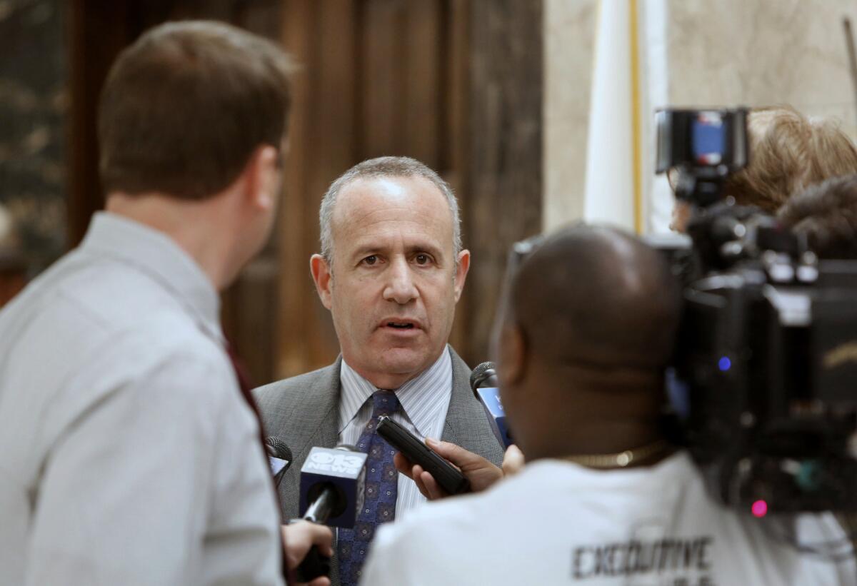 Senate President Pro Tem Darrell Steinberg (D-Sacramento) talks with reporters after a budget meeting with Gov. Jerry Brown and Assembly Speaker John Perez (D-Los Angeles) on Monday.