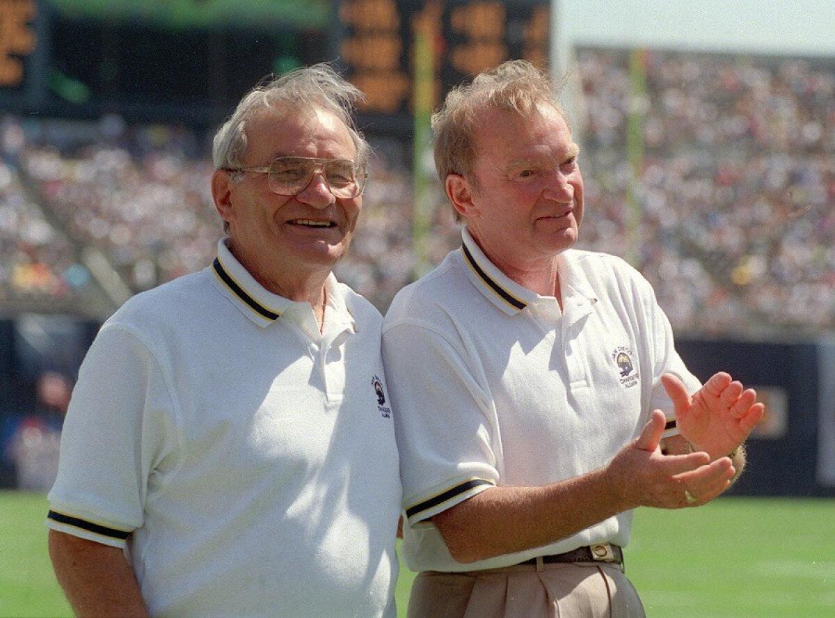 Sid Gillman (left), another innovative Chargers coach who entered the Pro Football Hall of Fame in 1983, joined Don Coryell in a halftime ceremony at a Chargers game in September 1993.