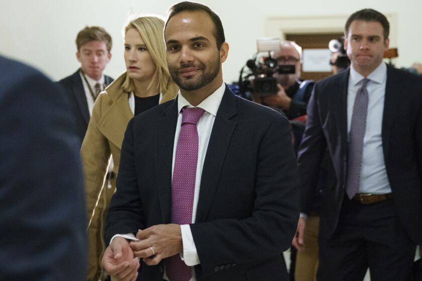 FILE - In this Oct. 25, 2018, file photo, George Papadopoulos, the former Trump campaign adviser who triggered the Russia investigation, arrives for his first appearance before congressional investigators, on Capitol Hill in Washington. Paperwork was filed Tuesday, Oct. 29, 2019 for Papadopoulos to run for the Congressional seat being vacated by Democrat Katie Hill who is resigning amid an ethics investigation. (AP Photo/Carolyn Kaster, File)
