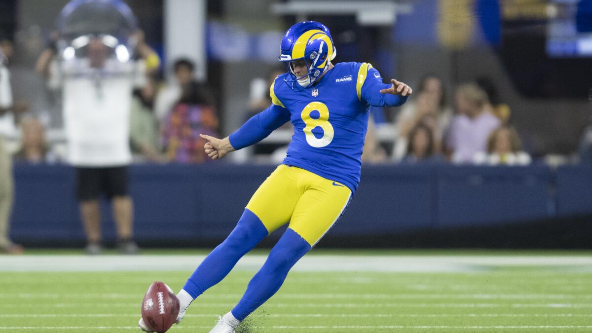 Los Angeles Rams place kicker Matt Gay (8) warms up before an NFL