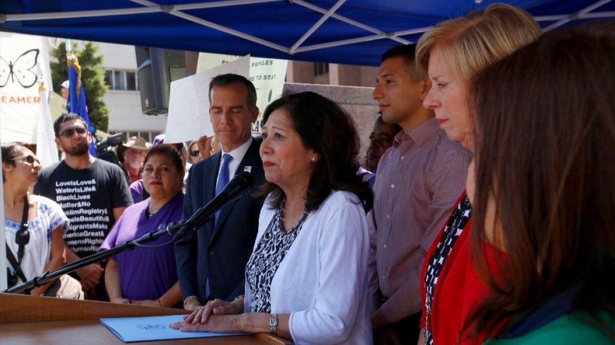 Los Angeles County Supervisor Hilda Solis speaks about DACA outside the Hall of Administration.