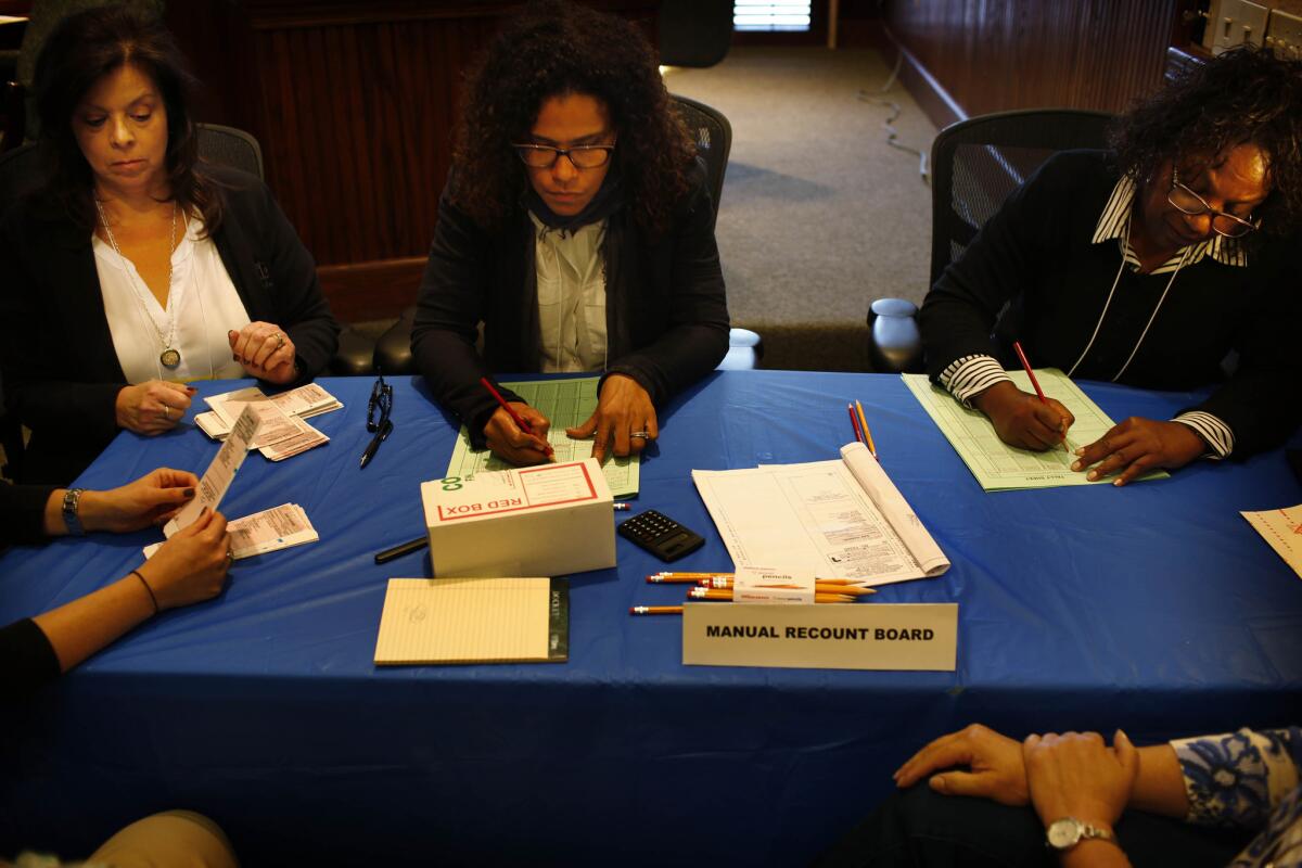 Two teams of city employees and election officials recounted ballots Thursday to determine who won a seat on the San Gabriel City Council in the March 3 election.