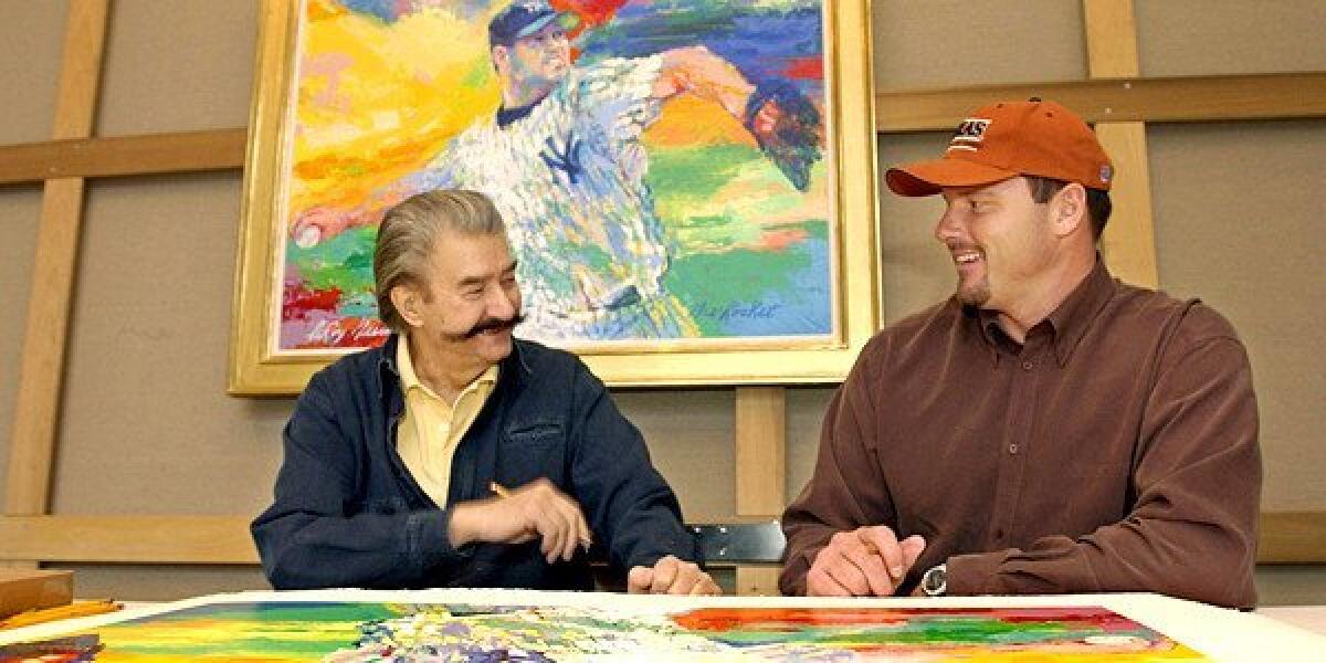 On Nov. 13, 2003, New York Yankees pitcher Roger Clemens, right, talks to artist Leroy Neiman about baseball while signing limited-edition serigraphs based on Neiman's painting "The Rocket," above, of Clemens on the mound in pinstripes, at Neiman's New York studio.