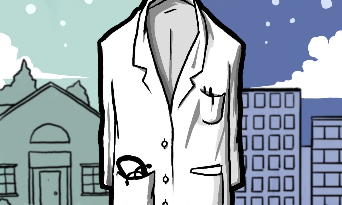 Illustration showing a doctor's coat caught between two worlds. 
