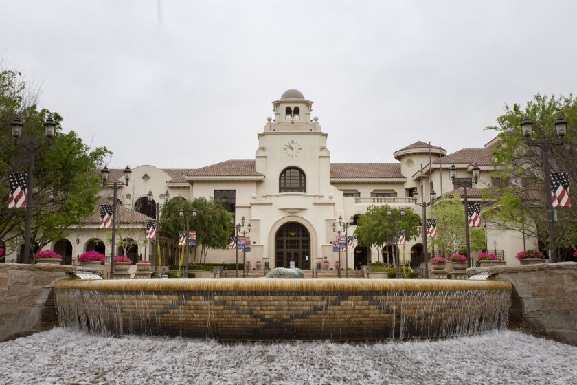 Water cascades down the fountain in front of City Hall in Temecula Monday, April 12, 2021. Both the City of Temecula and Murrieta have reopened their City Hall's to the pubic