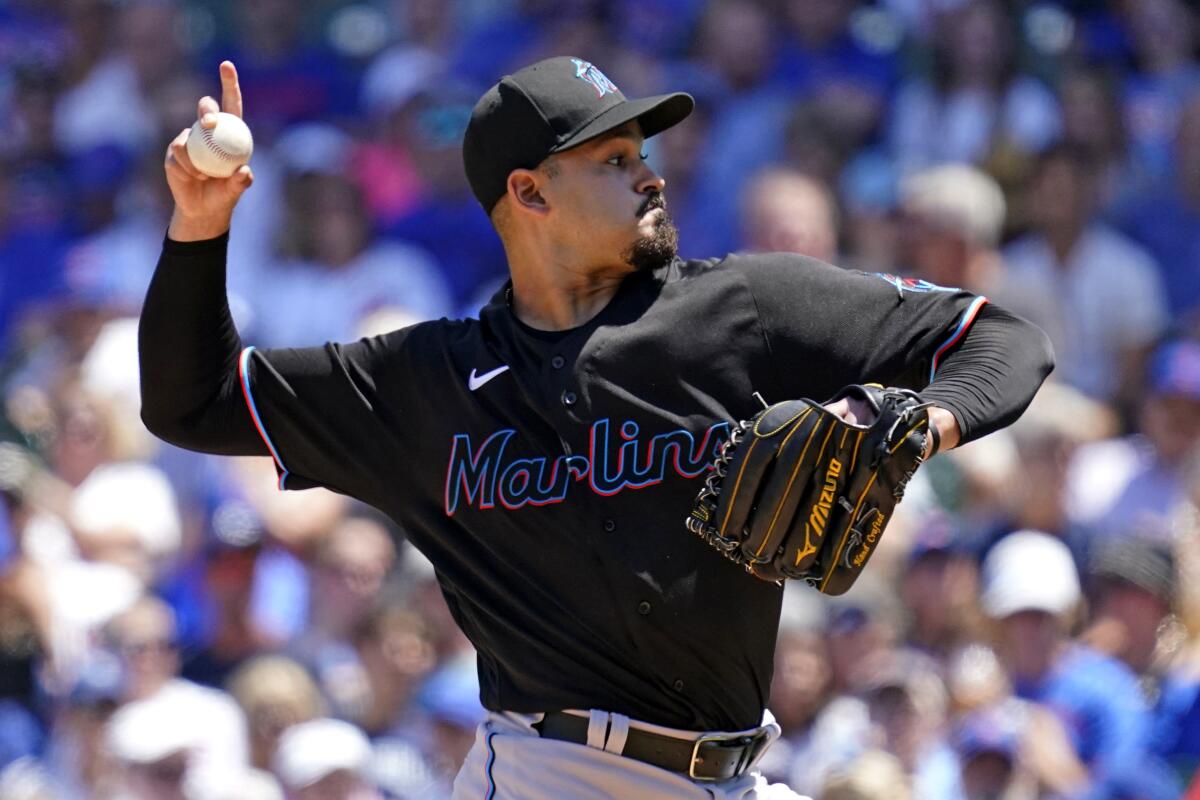 Miami Marlins pitcher Pablo Lopez pitches against the Chicago Cubs 
