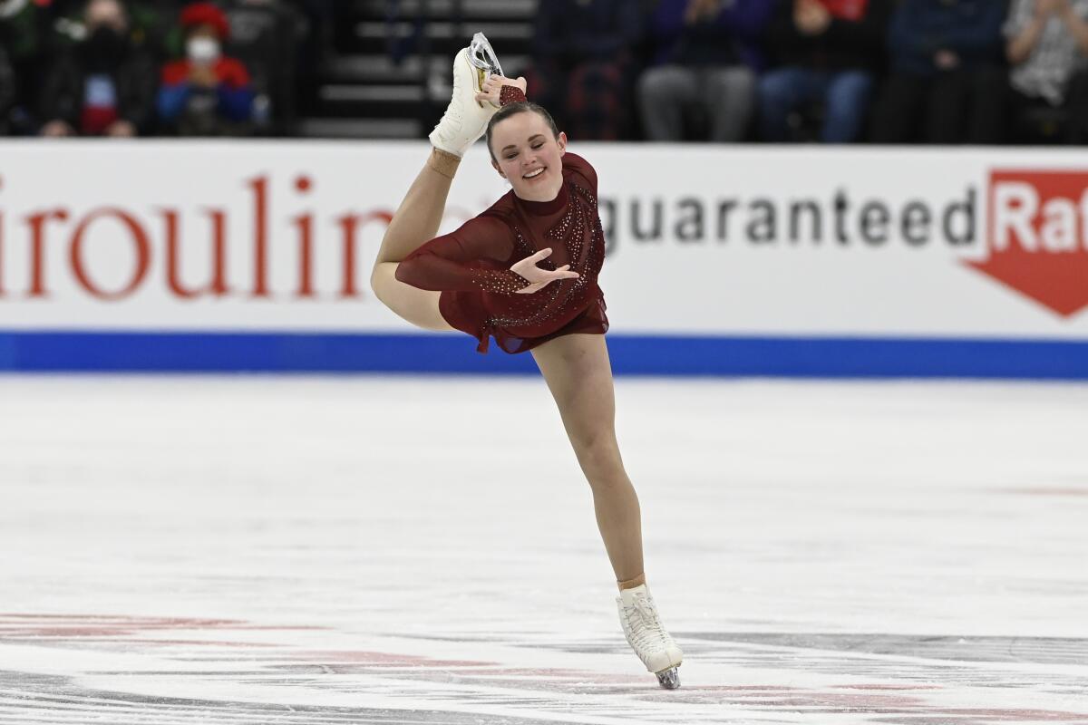 Mariah Bell competes in the women's free skate program during the U.S. figure skating championships.