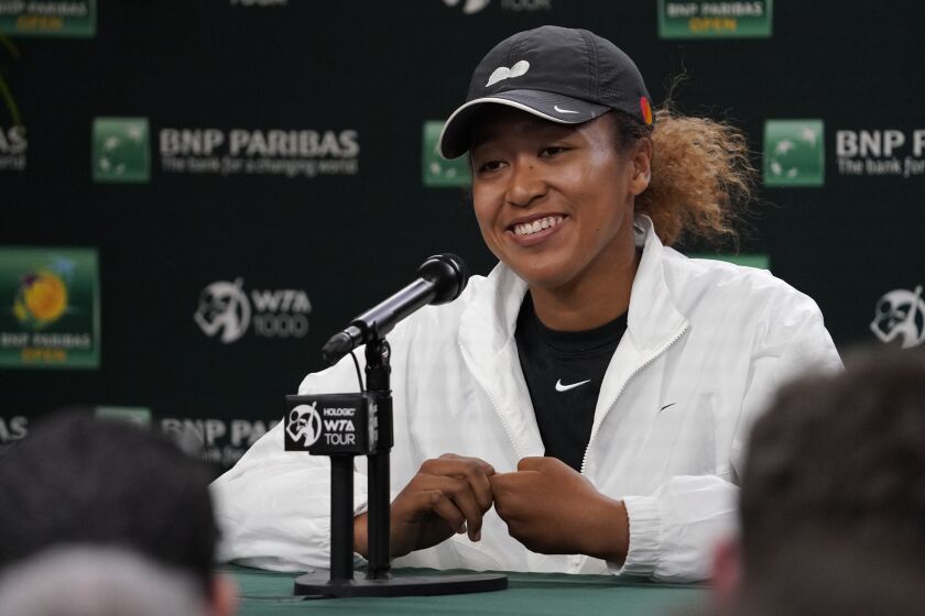 Naomi Osaka, of Japan, speaks during a news conference at the BNP Paribas Open tennis tournament, Wednesday, March 9, 2022, in Indian Wells, Calif. (AP Photo/Mark J. Terrill)