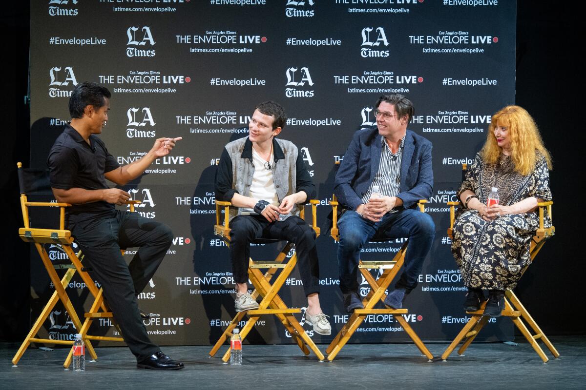 Los Angeles Times writer Michael Ordona, actor Joel Basman, director Michael Steiner and actress Inge Maux, from left, at the Envelope Live screening of “Wolkenbruch."