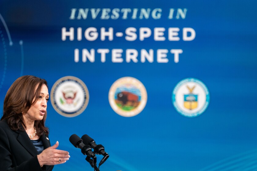 Vice President Kamala Harris speaks at an event on high-speed internet access 