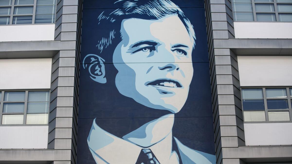 A Shepard Fairey mural of Robert F. Kennedy stands above the entrance to the school library, which is built on the footprint of the ballroom where Kennedy gave his final speech.