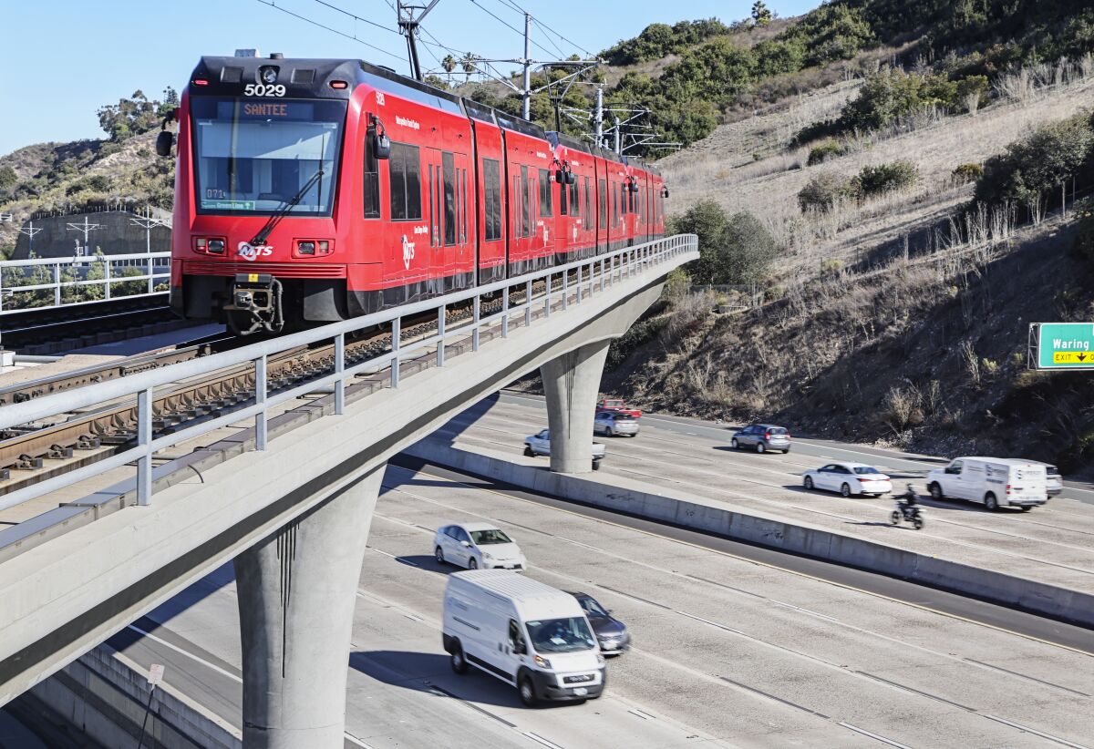 The San Diego trolley rides along the tracks as cars move along Interstate 8.