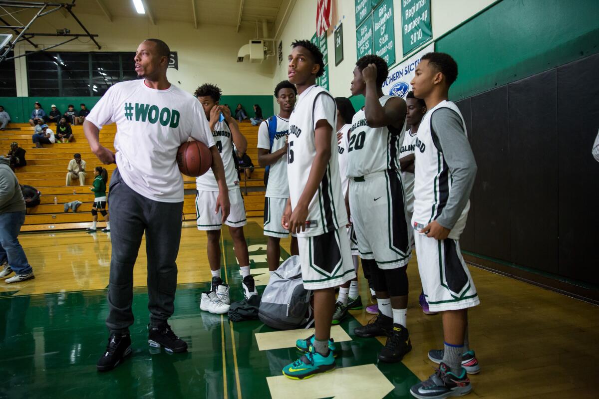 Clippers star Paul Pierce coached a midnight madness-style intrasquad scrimmage Wednesday night at Inglewood High, his alma mater.