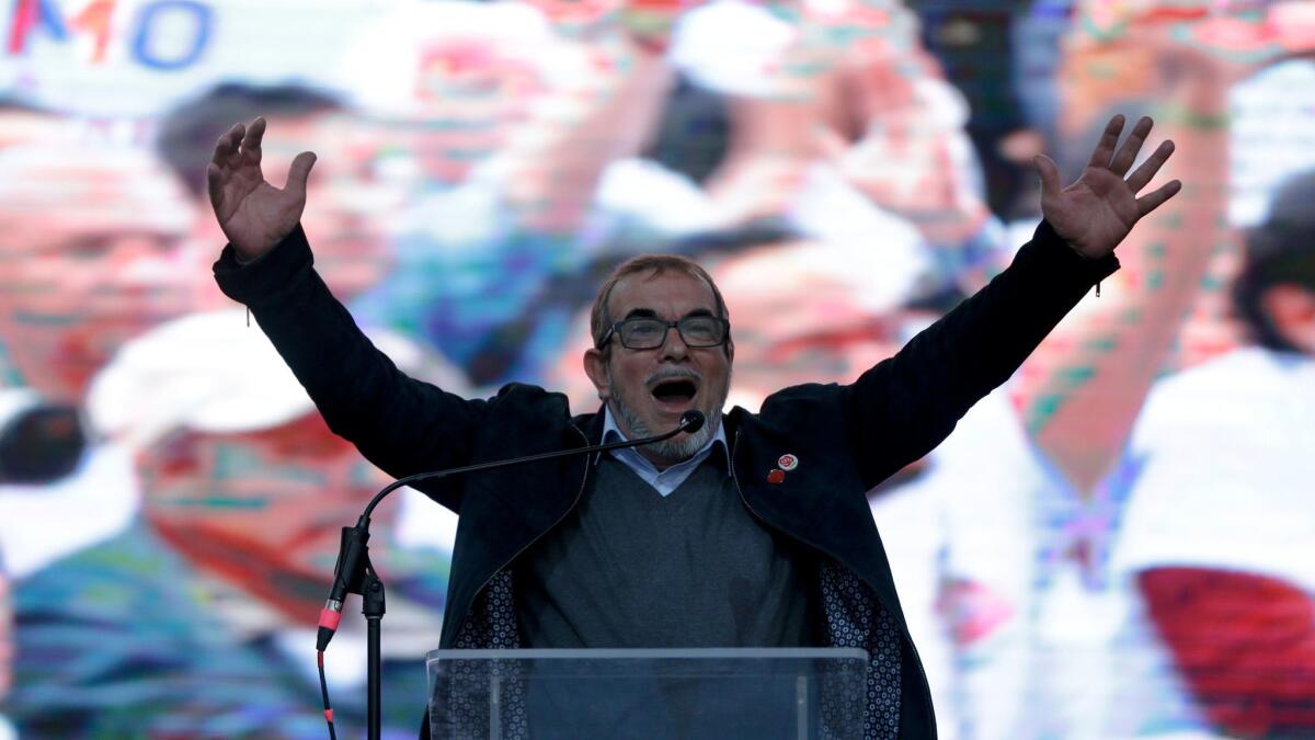 Former rebel leader Rodrigo Londono Echeverri, known as "Timochenko," speaks at a campaign rally Saturday in Bogota, Colombia.