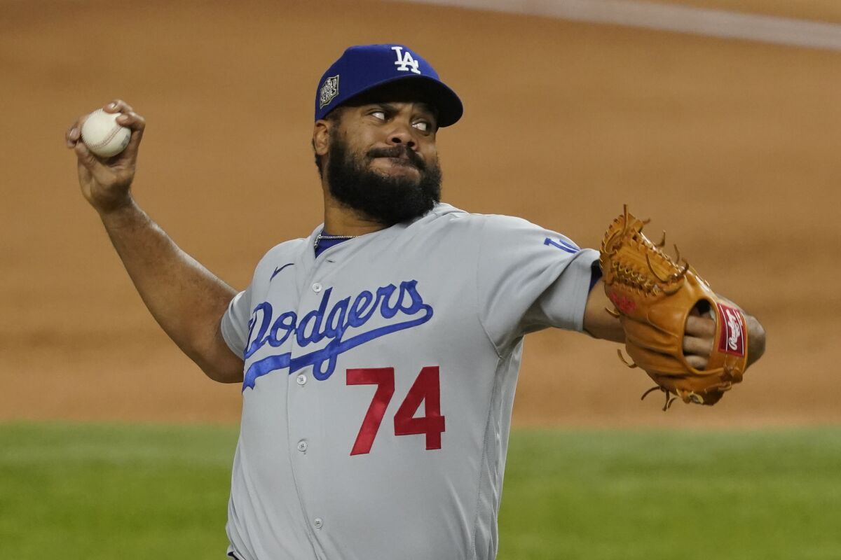 Dodgers reliever Kenley Jansen throws against the Tampa Bay Rays in the ninth inning in Game 4 of the World Series.