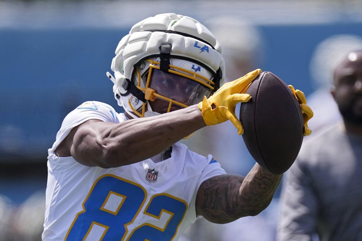 Chargers wide receiver Brenden Rice makes a catch during rookie minicamp on Friday.