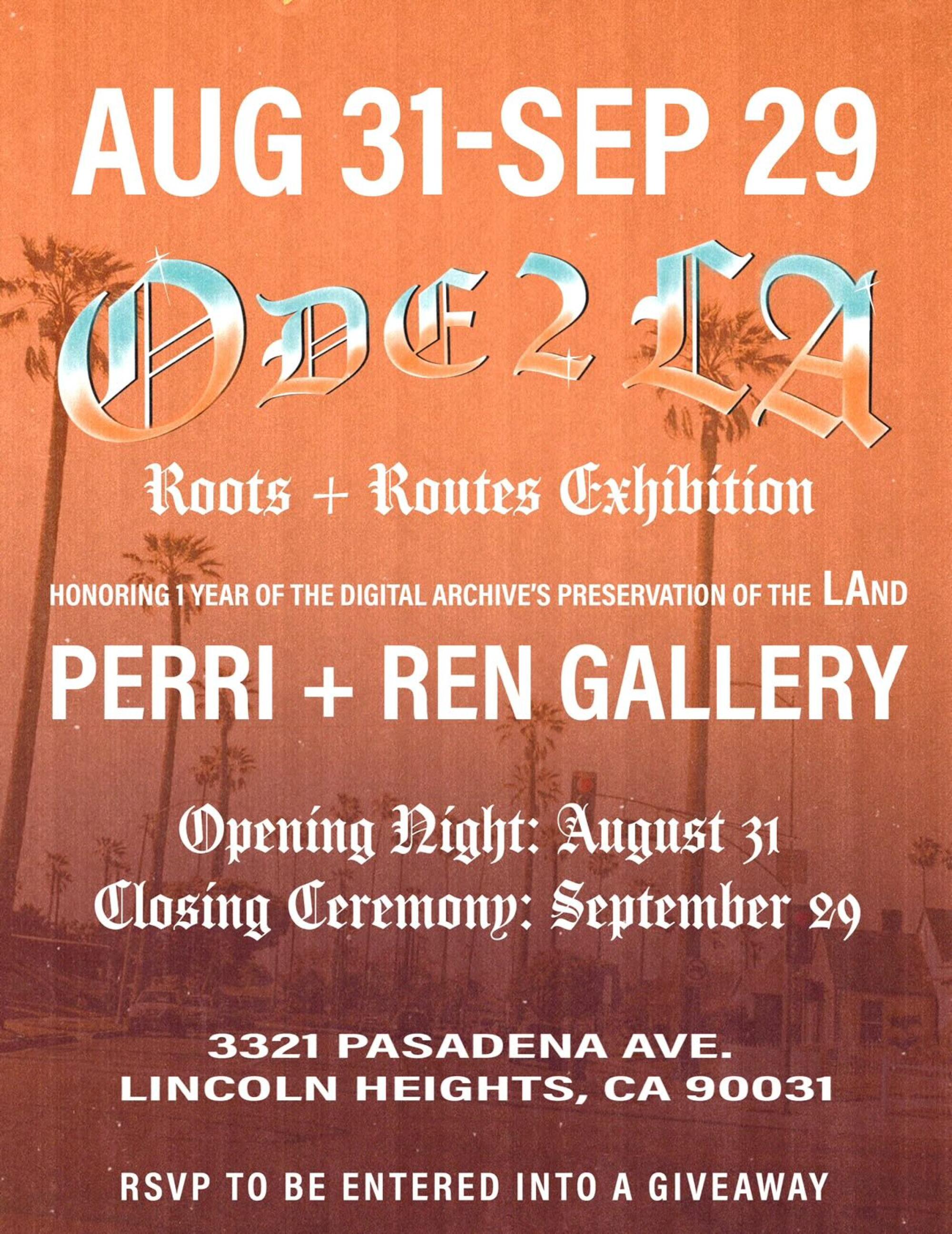 An orange flyer for Ode2LA's Roots and Routes Exhibition Aug 31–Sep 29