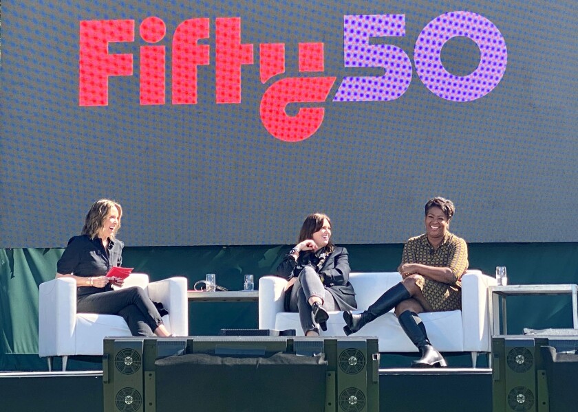 Hannah Storm, Allison Glock and Dawn Porter (from left) discuss the upcoming 50th anniversary of Title IX.