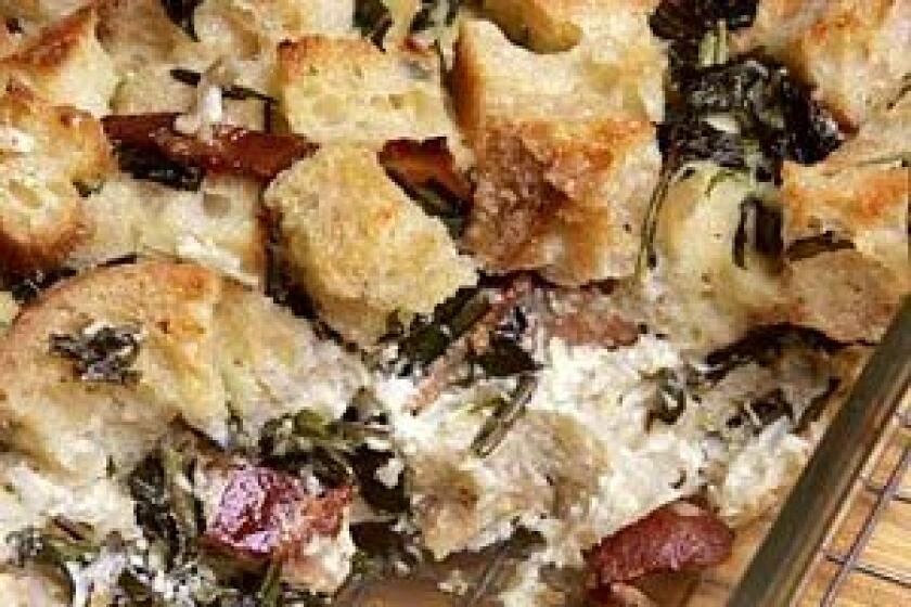 Dandelion greens and bacon team up with fresh goat cheese and shallots to rustic effect.
