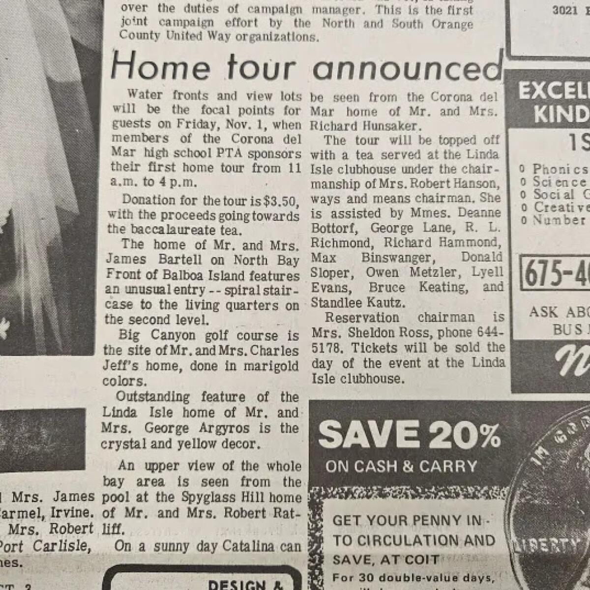 An article announcing the first Corona del Mar Home Tour was in an October 1974 edition.