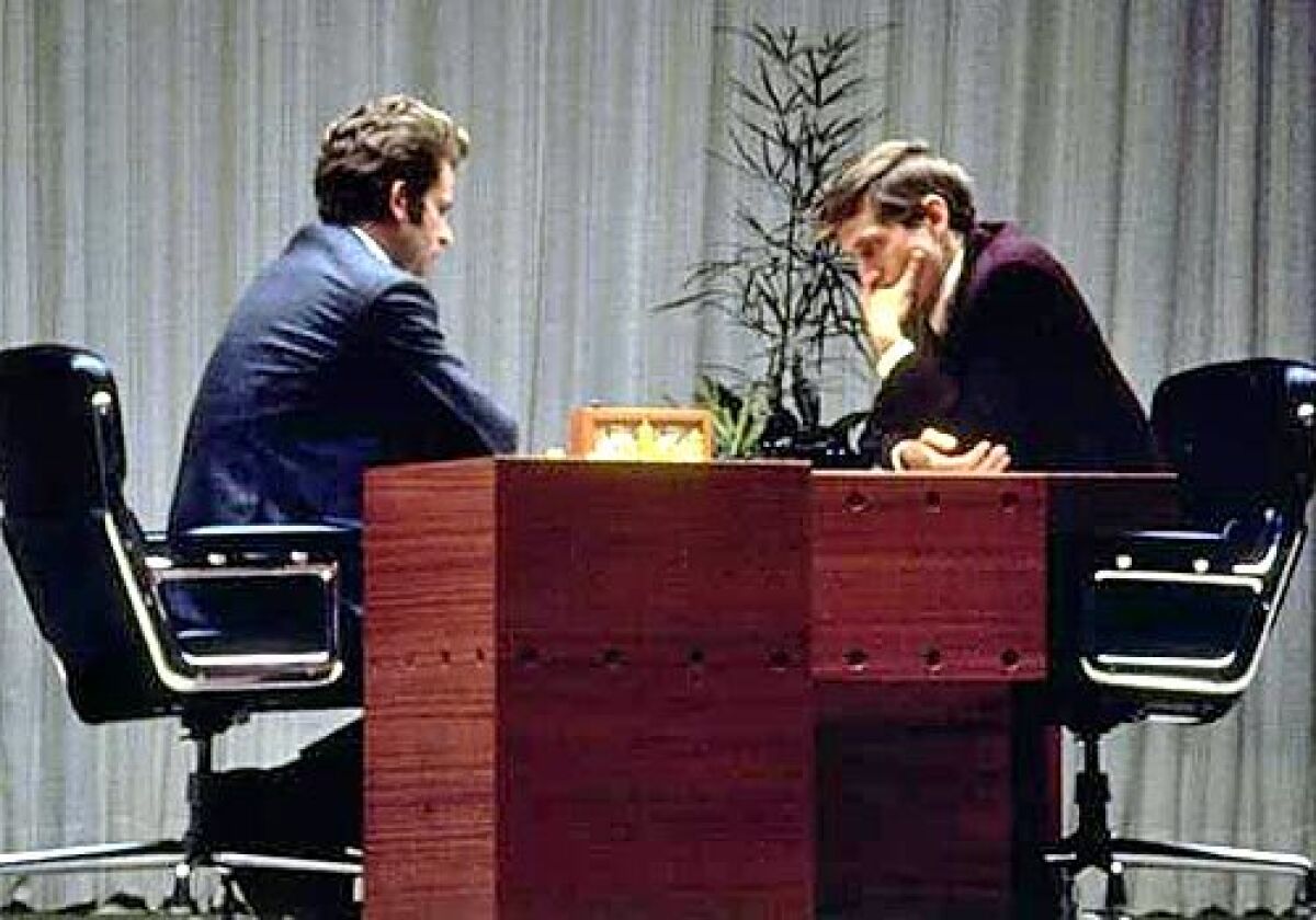Bobby Fischer, right, and Boris Spassky compete in Reykjavik, Iceland, in August 1972.