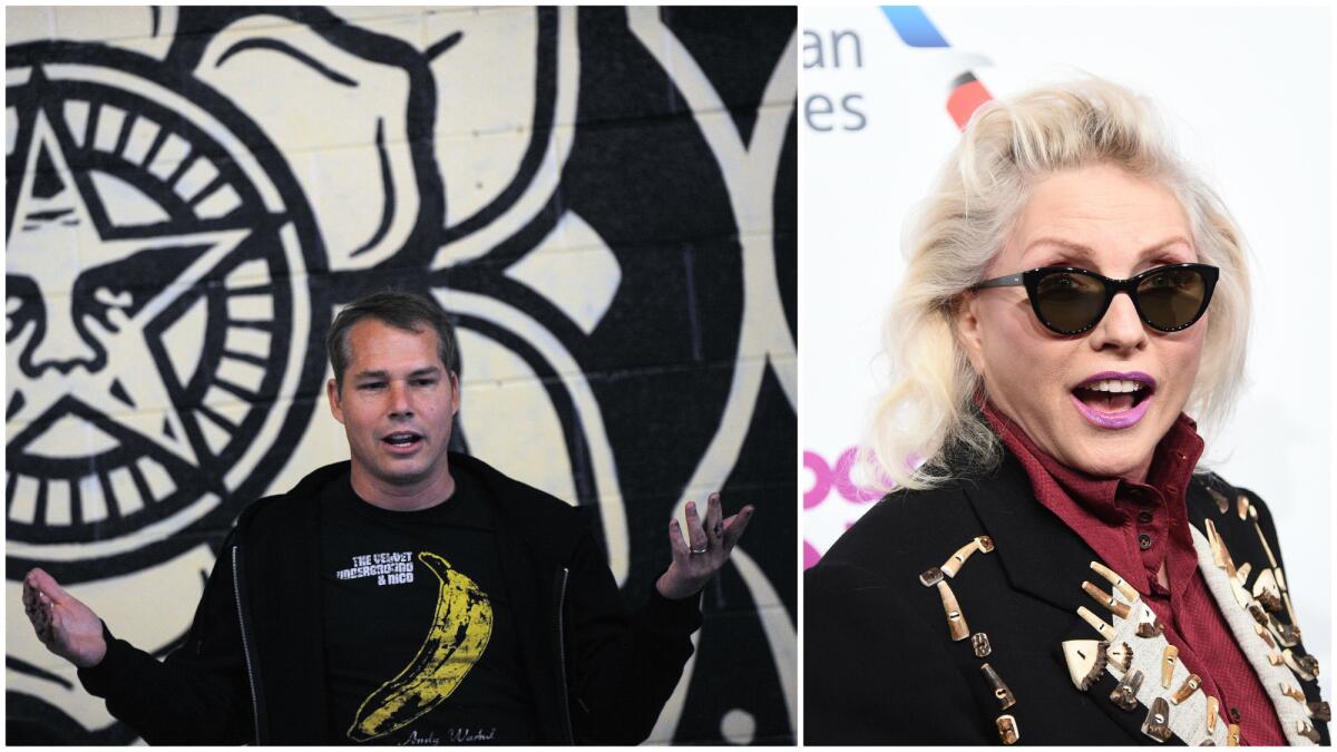 At left, artist Shepard Fairey in a May 2015 file photo. At right, singer Debbie Harry at the Billboard Women In Music 2016 event on December 9, 2016. The two have collaborated on pieces for Fairey's Obey clothing label.