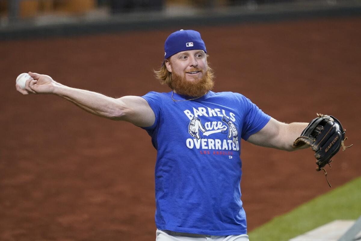 Dodgers third baseman Justin Turner warms up during batting practice before Game 1 the NLCS.