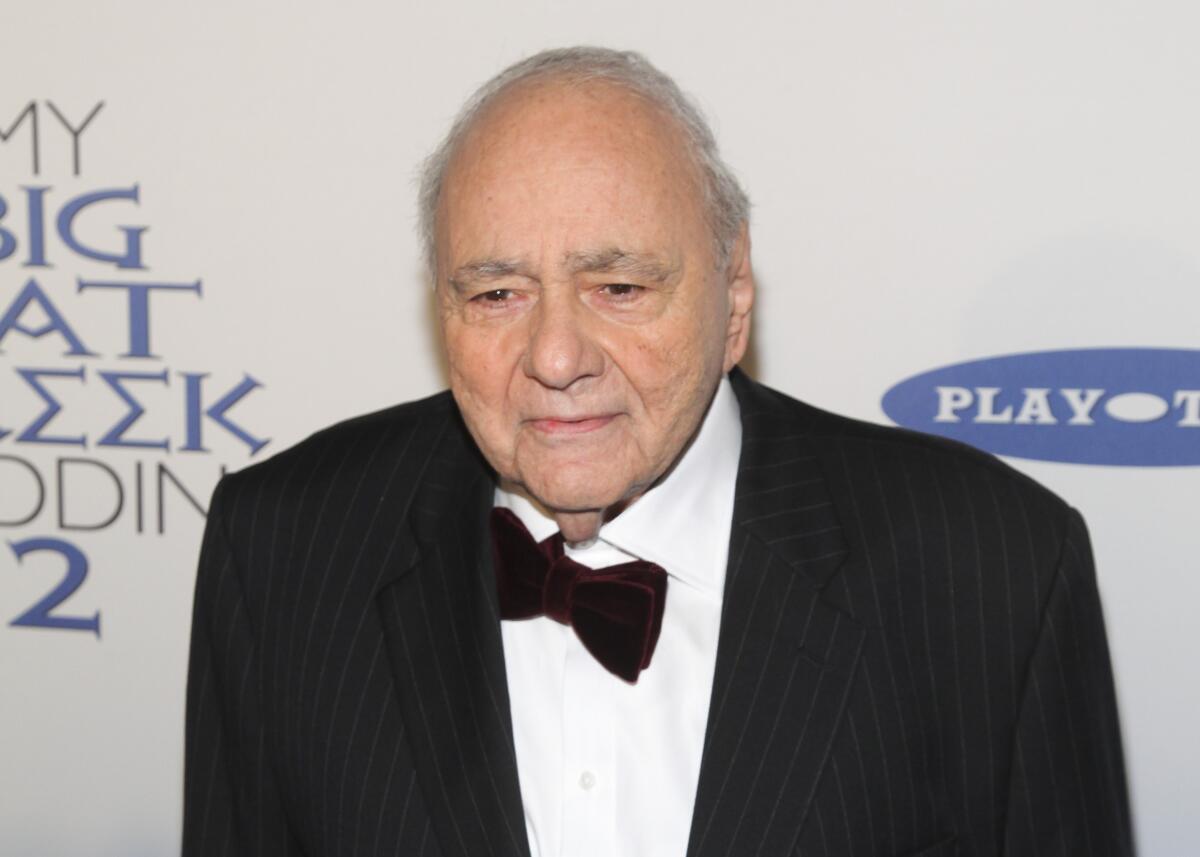 FILE - Michael Constantine attends the premiere of "My Big Fat Greek Wedding 2"in New York on March 15, 2016. Constantine, an Emmy Award-winning character actor who reached worldwide fame playing the Windex bottle-toting father of the bride in the 2002 film “My Big Fat Greek Wedding,” died Aug. 31 in his home at Reading, Pennsylvania, of natural causes. He was 94. (Photo by Andy Kropa/Invision/AP, File)