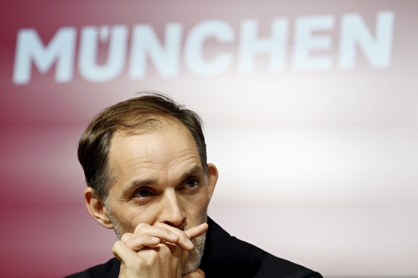Bayern Munich's new coach Thomas Tuchel looks on during a press conference, in Munich, Germany, Saturday, March 25, 2023. Tuchel has admitted he faces a challenging start to his new job after his surprise hiring Friday to replace Julian Nagelsmann. Tuchel's first game in charge is against German title rival Borussia Dortmund on April 1. (Angelika Warmuth/dpa via AP)