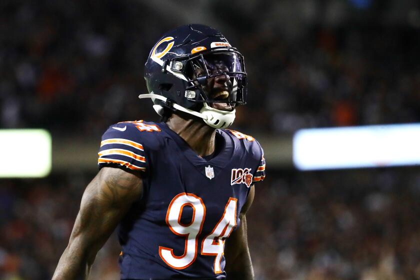 CHICAGO, ILLINOIS - SEPTEMBER 05: Leonard Floyd #94 of the Chicago Bears reacts during the first quarter against the Green Bay Packers in the game at Soldier Field on September 05, 2019 in Chicago, Illinois. (Photo by Jonathan Daniel/Getty Images)