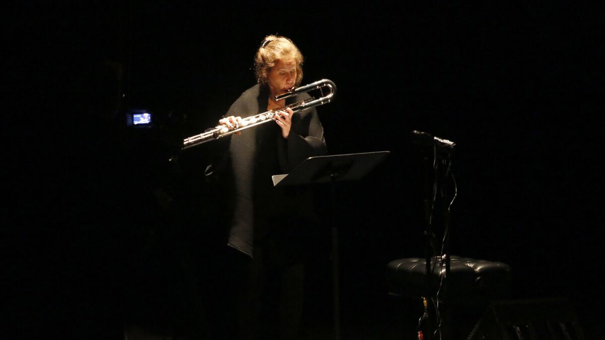 Flutist Camilla Hoitenga performs as part of "A Visual Concert" at UCLA on Sunday night.