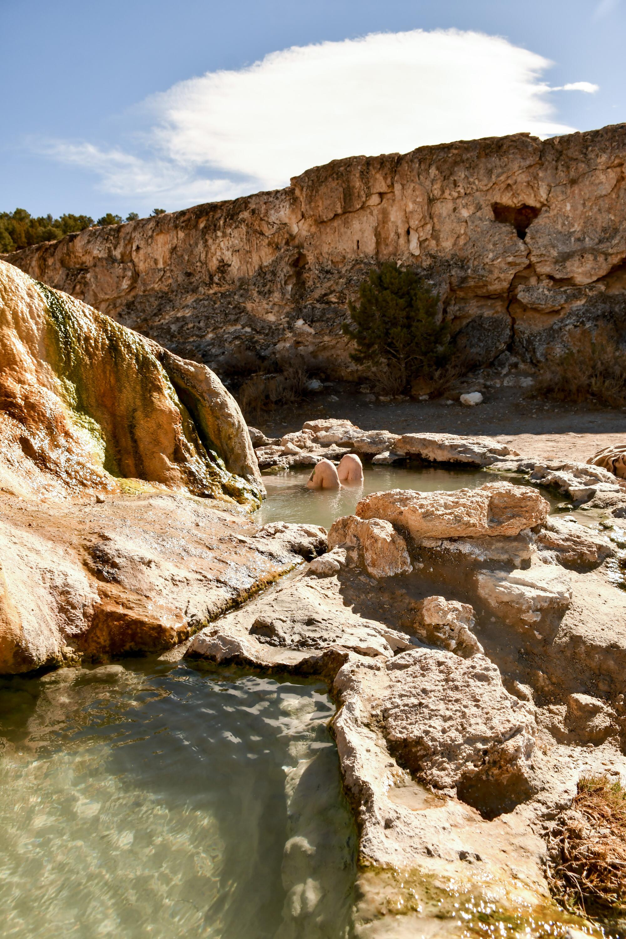 Travertine Hot Springs, open for soaking, are found just south of Bridgeport along Highway 395, north of Mono Lake.