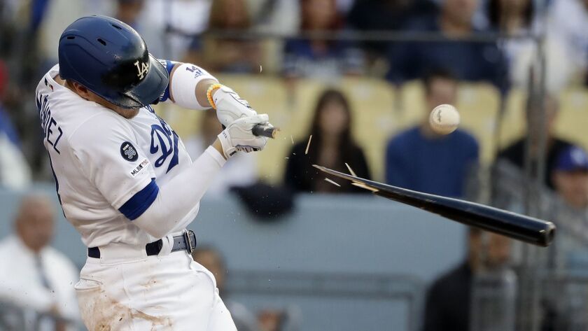 Dodgers second baseman Enrique Hernandez breaks his bat as he grounds into a double play during a game against the Washington Nationals on May 11. Hernandez has been struggling at the plate.