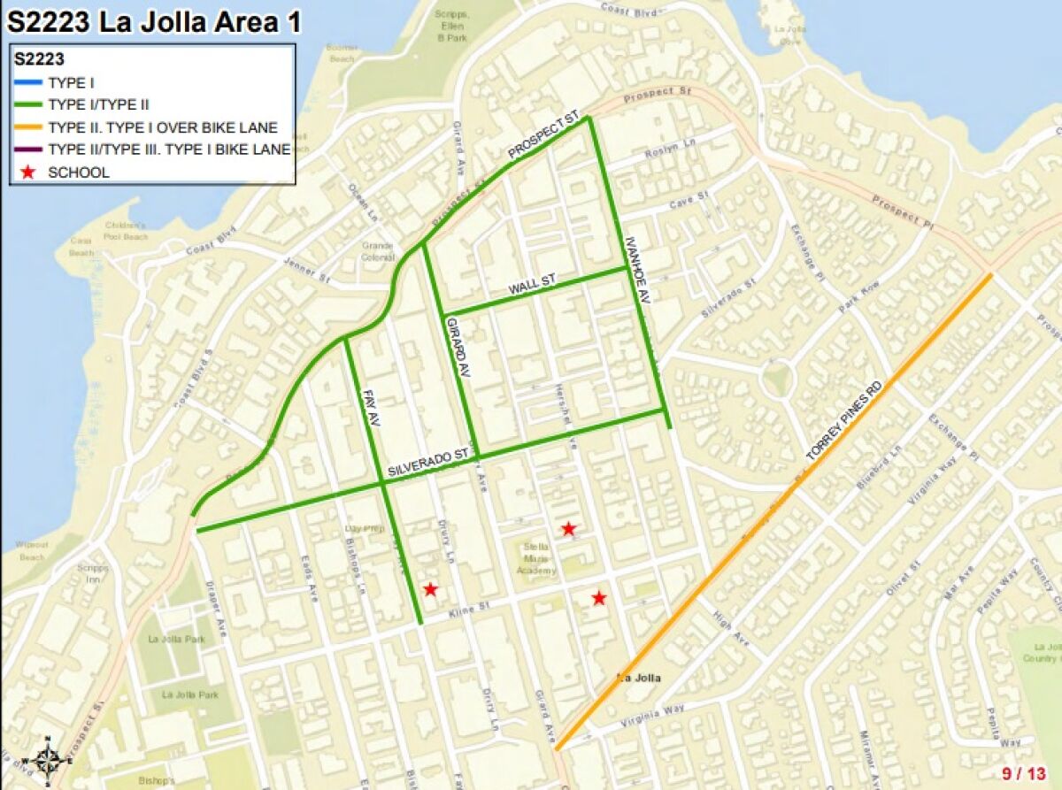 A map shows La Jolla streets that are scheduled for slurry seal repair in coming weeks.
