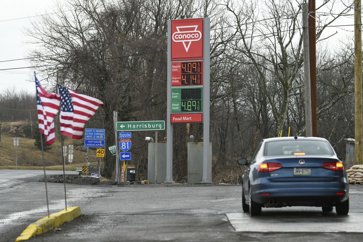 The price of regular gas at the Conoco station off I-81 near Mahanoy City, Pa., was $4.09 on Sunday morning, March 6, 2022. The station is right off of the 1-81 exit. (Jacqueline Dormer/Republican-Herald via AP)