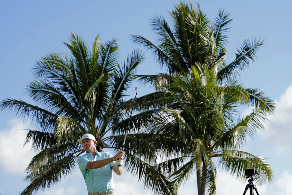 Brandt Snedeker plays his shot from the 14th tee during the second round of the Sony Open golf tournament, Friday, Jan. 14, 2022, at Waialae Country Club in Honolulu. (AP Photo/Matt York)