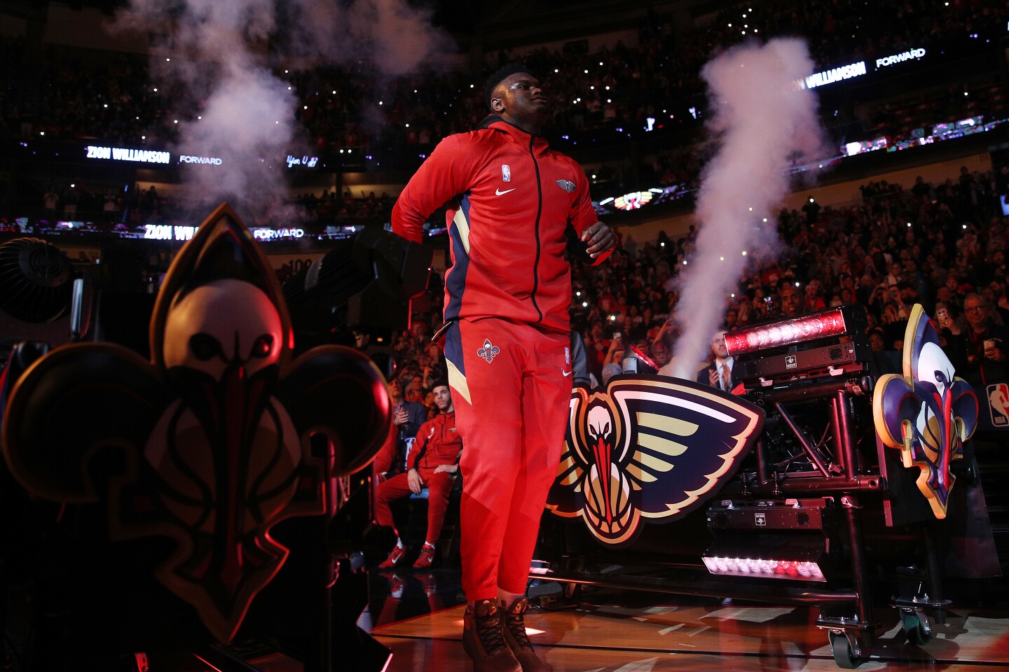 Pelicans rookie Zion Williamson is introduced before his debut game against the Spurs on Jan. 22, 2020, in New Orleans.