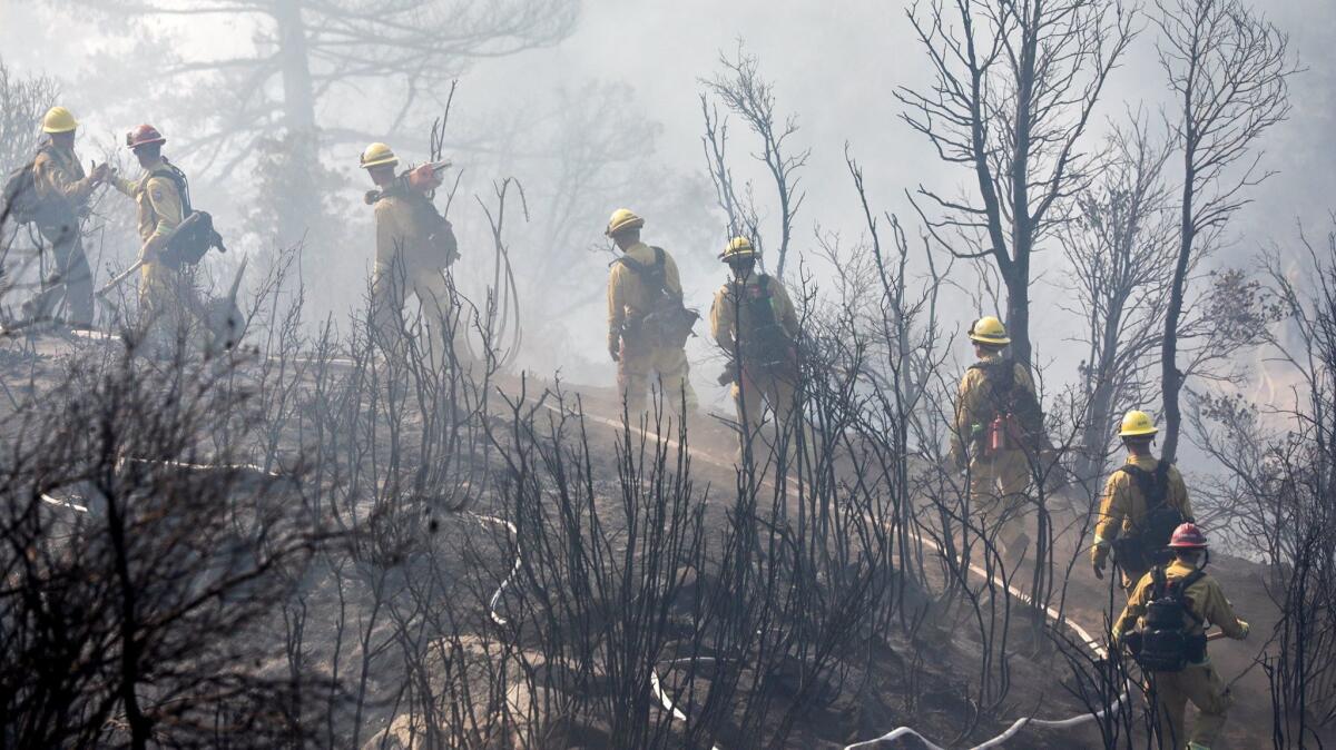 Firefighters cut a path through charred terrain as they work Tuesday to extinguish a fire that scorched the area near Mt. Wilson. (Irfan Khan / Los Angeles Times)