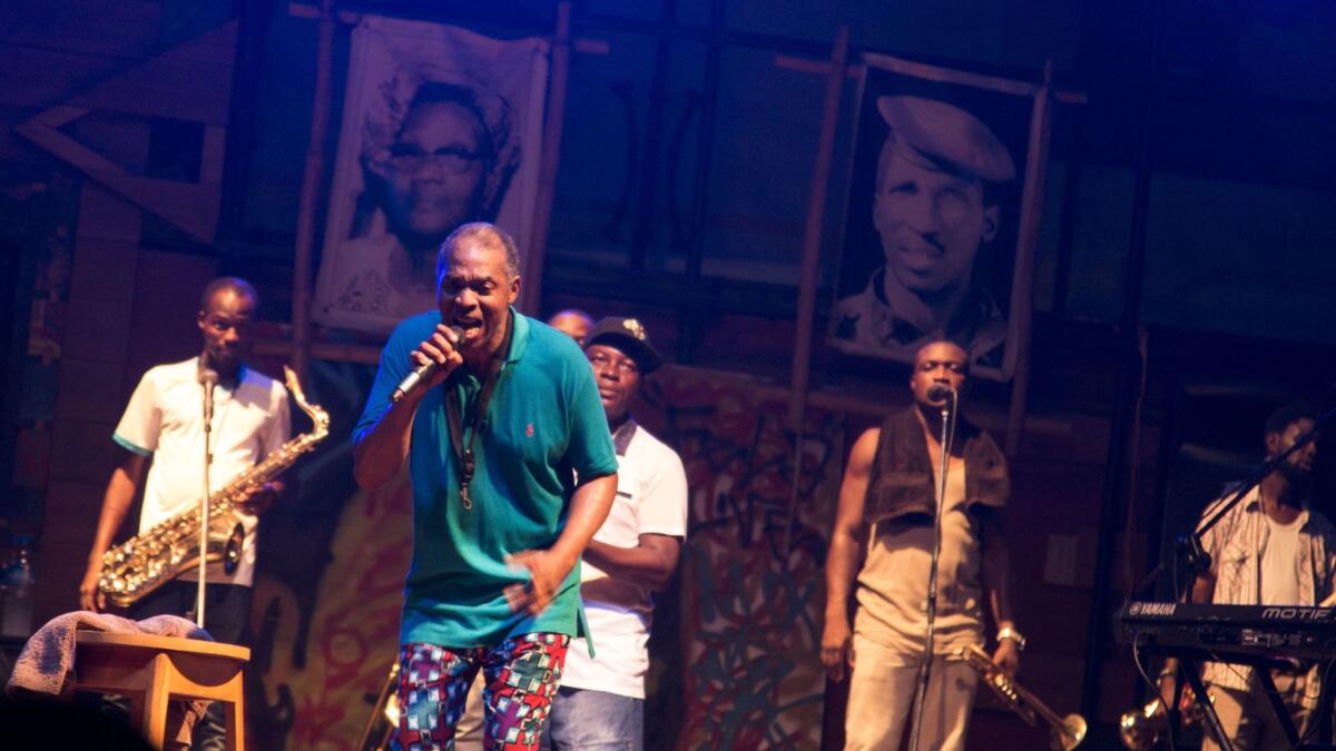 Femi Kuti, son of Fela Kuti, during a public rehearsal at his family's legendary concert hall, the Shrine in Lagos, Nigeria.