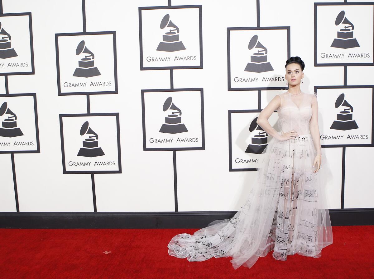 Katy Perry arrives for the Grammy Awards ceremony at Staples Center on Jan. 26.