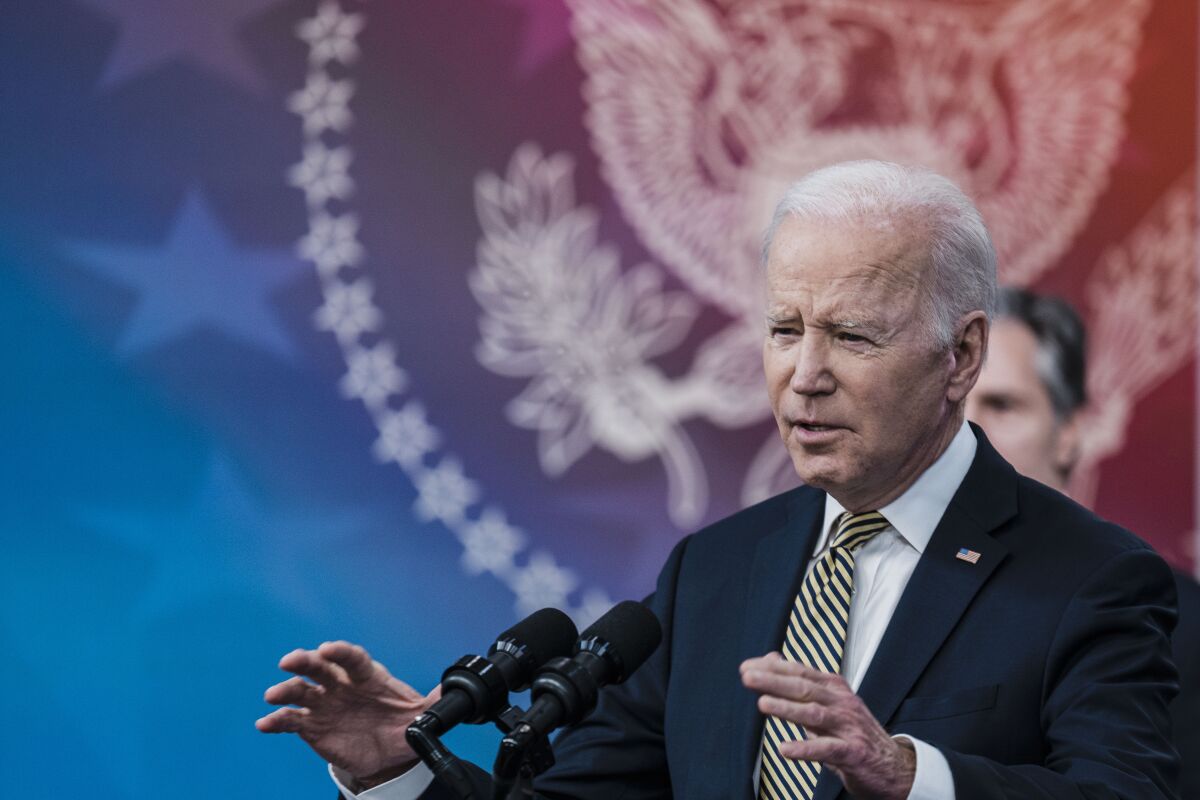 President Biden delivers remarks about new U.S. aid to Ukraine in Washington on March 16. 